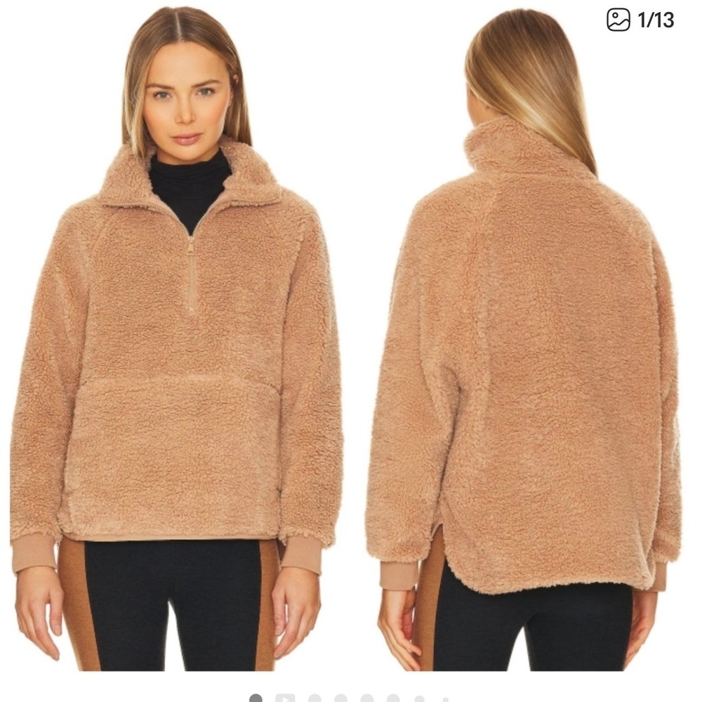 Beyond‎ Yoga Take Flight High Pile Fleece Half Zip Pullover Tan Camel Large